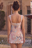 Corset Floral Sequins Pink Thick Straps Bodycon Mini Homecoming Dress