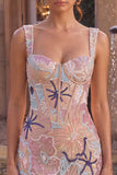 Corset Floral Sequins Pink Thick Straps Bodycon Mini Homecoming Dress