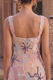 Corset Floral Sequins Pink Thick Straps Bodycon Mini Homecoming Dress
