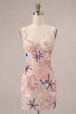 Corset Floral Sequins Pink Thick Straps Bodycon Mini Homecoming Dress