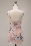 Corset Floral Sequins Pink Thick Straps Bodycon Mini Homecoming Dress