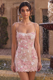 Pink Corset Floral Spaghetti Straps Bodycon Mini Homecoming Dress