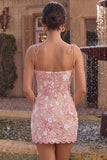 Pink Corset Floral Spaghetti Straps Bodycon Mini Homecoming Dress