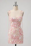 Pink Corset Floral Spaghetti Straps Bodycon Mini Homecoming Dress