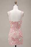 Pink Corset Floral Spaghetti Straps Bodycon Mini Homecoming Dress