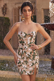 Floral Sequins Corset Bodycon Light Khaki Mini Homecoming Dress
