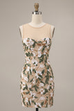 Floral Sequins Corset Bodycon Light Khaki Mini Homecoming Dress