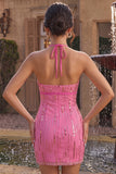 Halter Sequins Pink Bodycon Mini Homecoming Dress