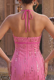 Halter Sequins Pink Bodycon Mini Homecoming Dress