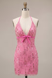 Halter Sequins Pink Bodycon Mini Homecoming Dress
