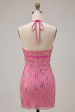 Halter Sequins Pink Bodycon Mini Homecoming Dress