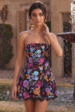 Strapless Floral Sequins Black A Line Mini Homecoming Dress