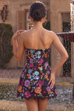 Strapless Floral Sequins Black A Line Mini Homecoming Dress