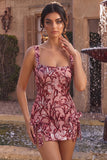 Square Neck Floral Sequins Red Bodycon Mini Homecoming Dress