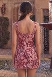 Square Neck Floral Sequins Red Bodycon Mini Homecoming Dress
