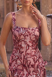 Square Neck Floral Sequins Red Bodycon Mini Homecoming Dress