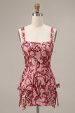 Square Neck Floral Sequins Red Bodycon Mini Homecoming Dress