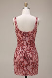 Square Neck Floral Sequins Red Bodycon Mini Homecoming Dress