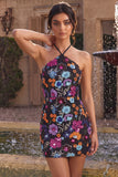 Halter Black Floral Sequins Bodycon Mini Homecoming Dress