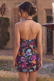 Halter Black Floral Sequins Bodycon Mini Homecoming Dress