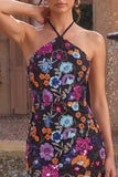 Halter Black Floral Sequins Bodycon Mini Homecoming Dress
