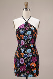 Halter Black Floral Sequins Bodycon Mini Homecoming Dress