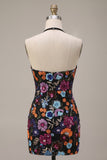 Halter Black Floral Sequins Bodycon Mini Homecoming Dress