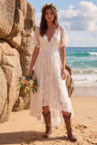 V-Neck Lace A Line White High-Low Beach Wedding Dress