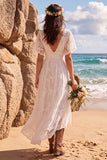 V-Neck Lace A Line White High-Low Beach Wedding Dress
