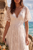 V-Neck Lace A Line White High-Low Beach Wedding Dress
