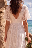 V-Neck Lace A Line White High-Low Beach Wedding Dress