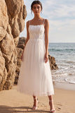 Appliqued A Line Tulle White Midi Engagement Dress