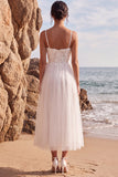 Appliqued A Line Tulle White Midi Engagement Dress