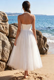 Halter A Line Tulle White Midi Engagement Dress
