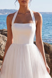 Halter A Line Tulle White Midi Engagement Dress