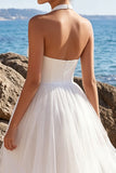 Halter A Line Tulle White Midi Engagement Dress