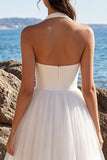 Halter A Line Tulle White Midi Engagement Dress