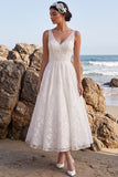Floral A Line V-Neck White Tulle Midi Engagement Dress