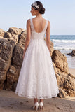 Floral A Line V-Neck White Tulle Midi Engagement Dress