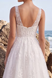 Floral A Line V-Neck White Tulle Midi Engagement Dress