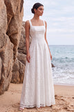 Square Neck A Line Sequin Floral Tulle White Midi Wedding Dress