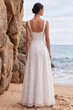 Square Neck A Line Sequin Floral Tulle White Midi Wedding Dress