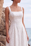 Square Neck A Line Sequin Floral Tulle White Midi Wedding Dress
