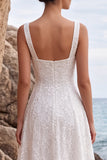 Square Neck A Line Sequin Floral Tulle White Midi Wedding Dress