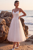 Glitter A Line Spaghetti Straps White Engagement Dress
