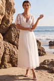 V-Neck A Line Floral White Long Engagement Dress