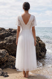 V-Neck A Line Floral White Long Engagement Dress