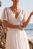 V-Neck A Line Floral White Long Engagement Dress
