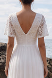 V-Neck A Line Floral White Long Engagement Dress