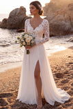 Long Sleeve White Floral A Line Lace Beach Wedding Dress With Slit